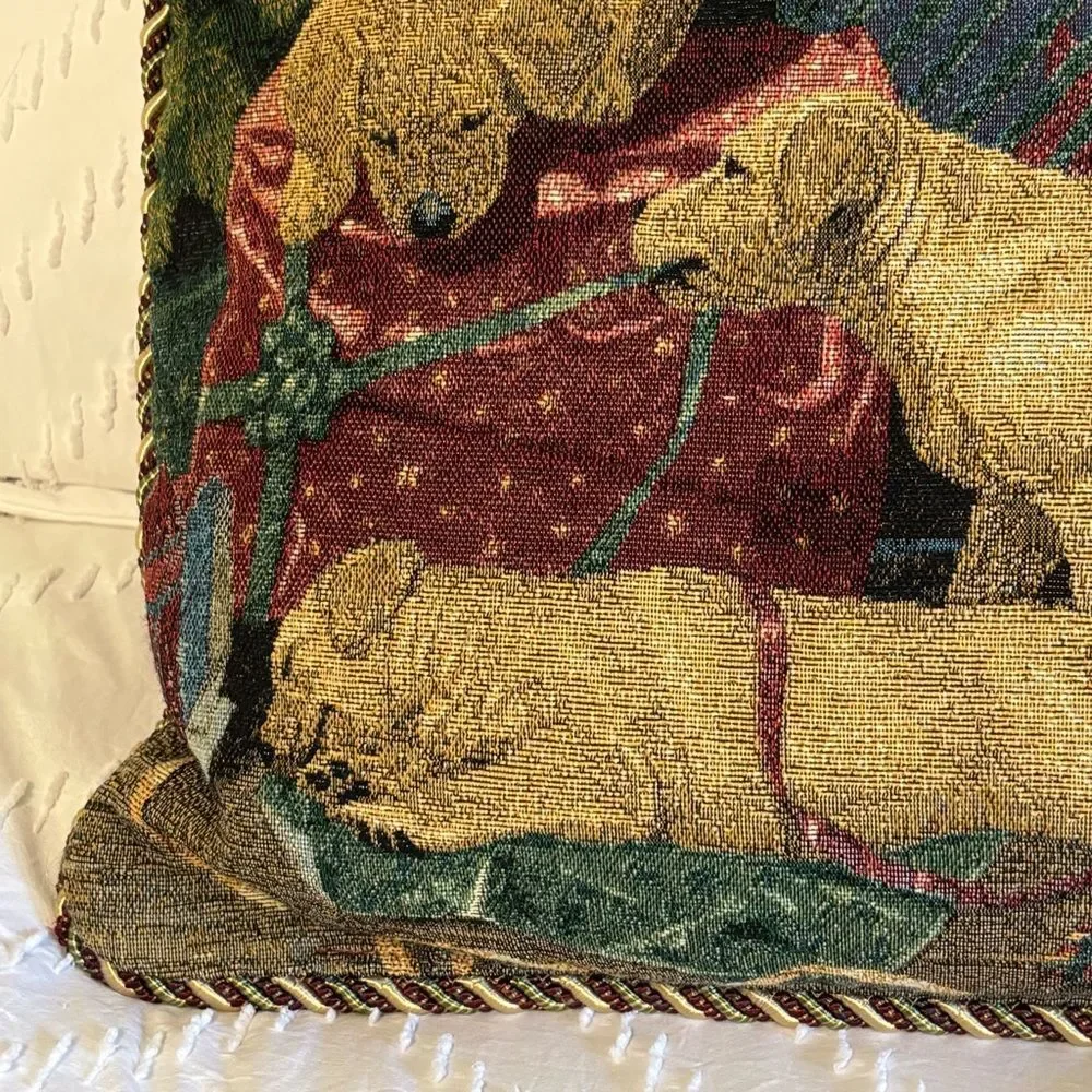 Vintage Lab Puppies Dogs Christmas Tapestry Throw Pillow By Mia Lane 16”x16”